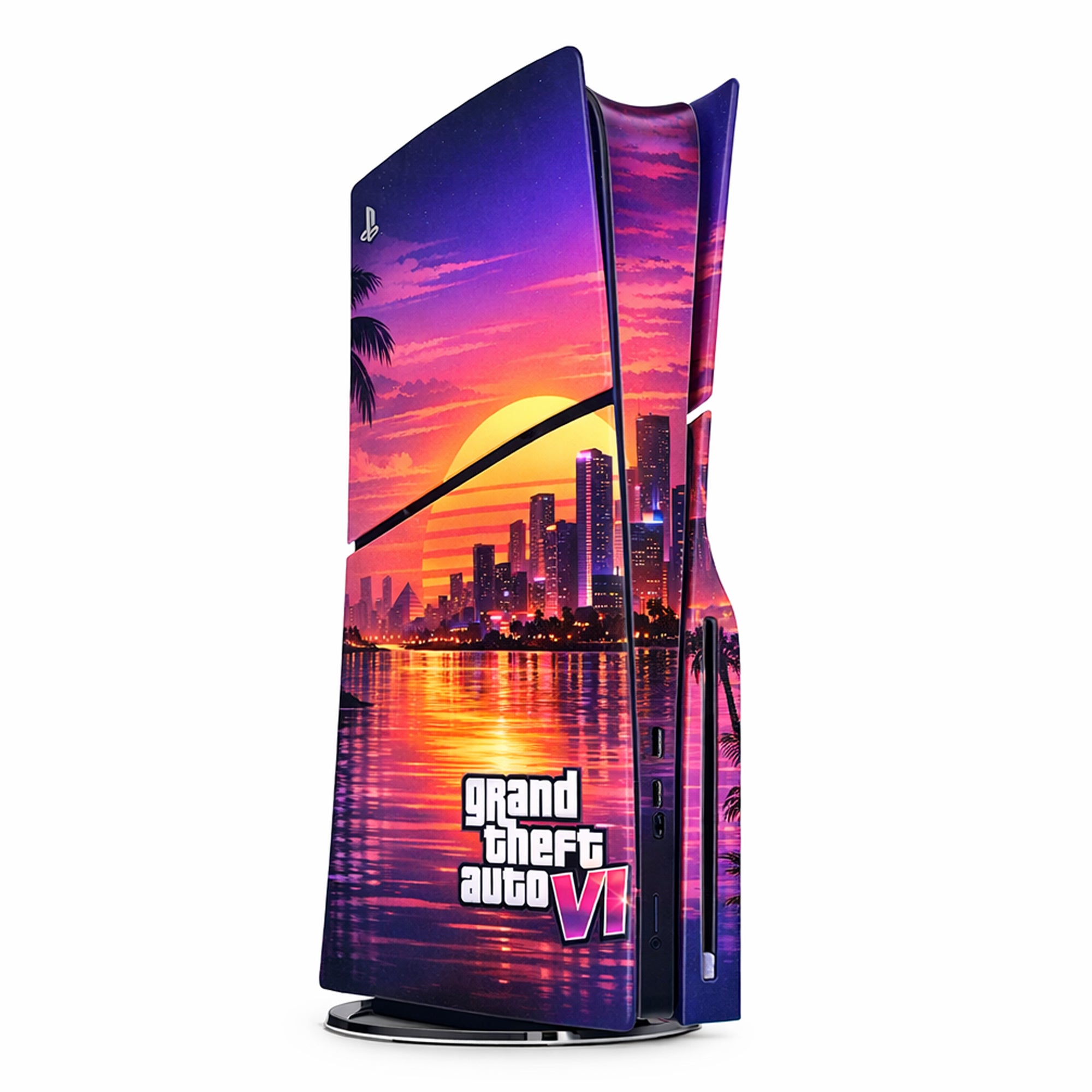 Skin Compatible with PS5 Slim (Disc): Grand Theft Auto VI Neon coastal noir